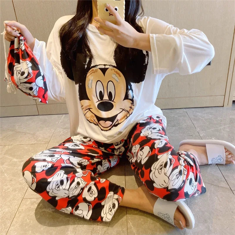 New Disney Mickey Mouse pajamas, pure cotton long-sleeved trousers casual two-piece Winnie the Pooh loungewear women's pajamas