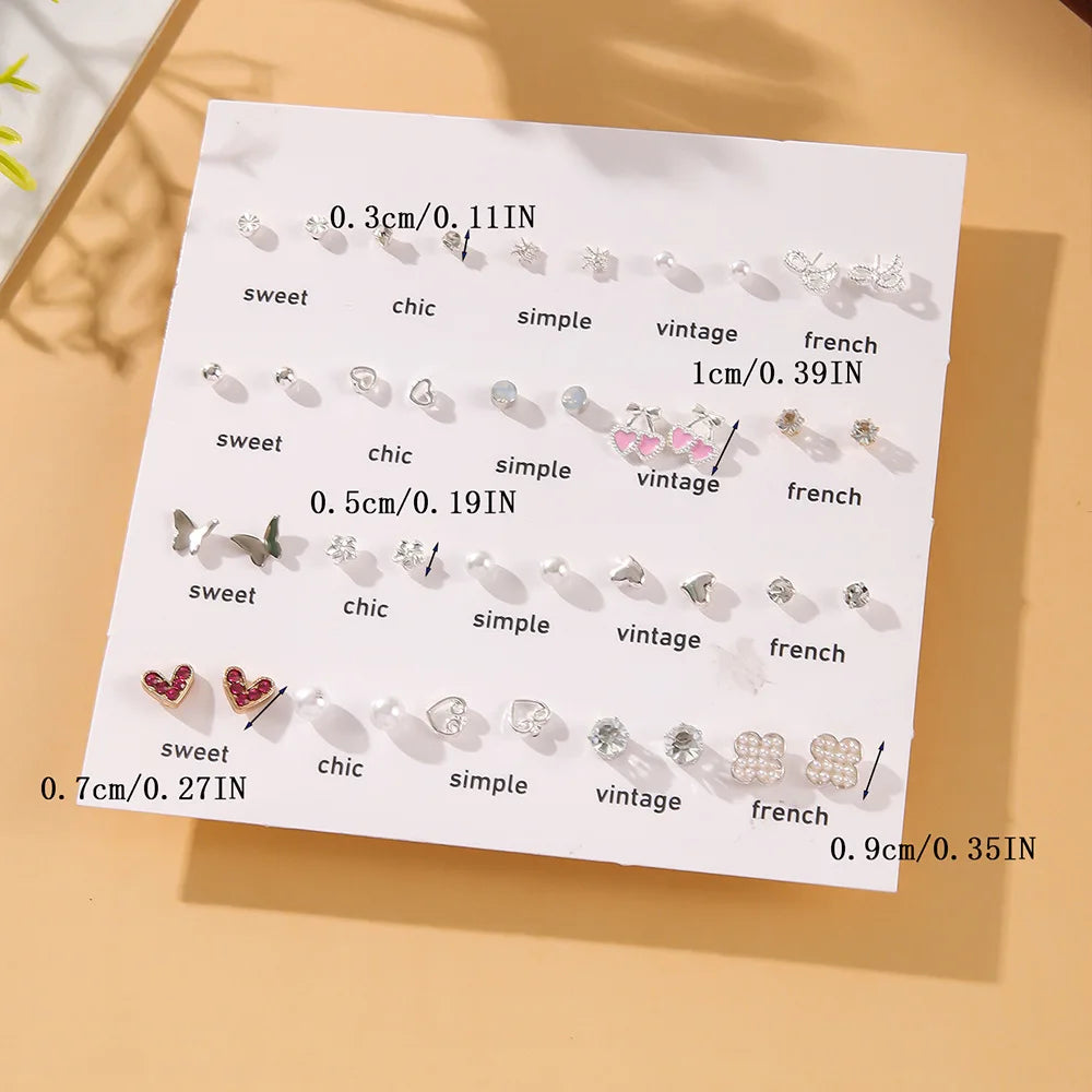 Sweet and Luxury 20 Pairs of White Pearl Earrings Mini Set with Hollow Heart Butterfly Flower Earrings for Women