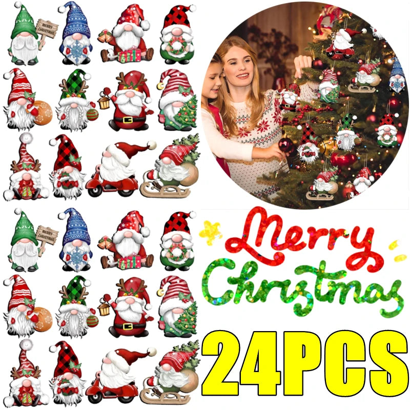 24/12PCS Christmas Wooden Santa Claus Multi Noface Santa Hanging Pendants 2025 Xmas Party Kids New Year Gifts Wrapping Supply