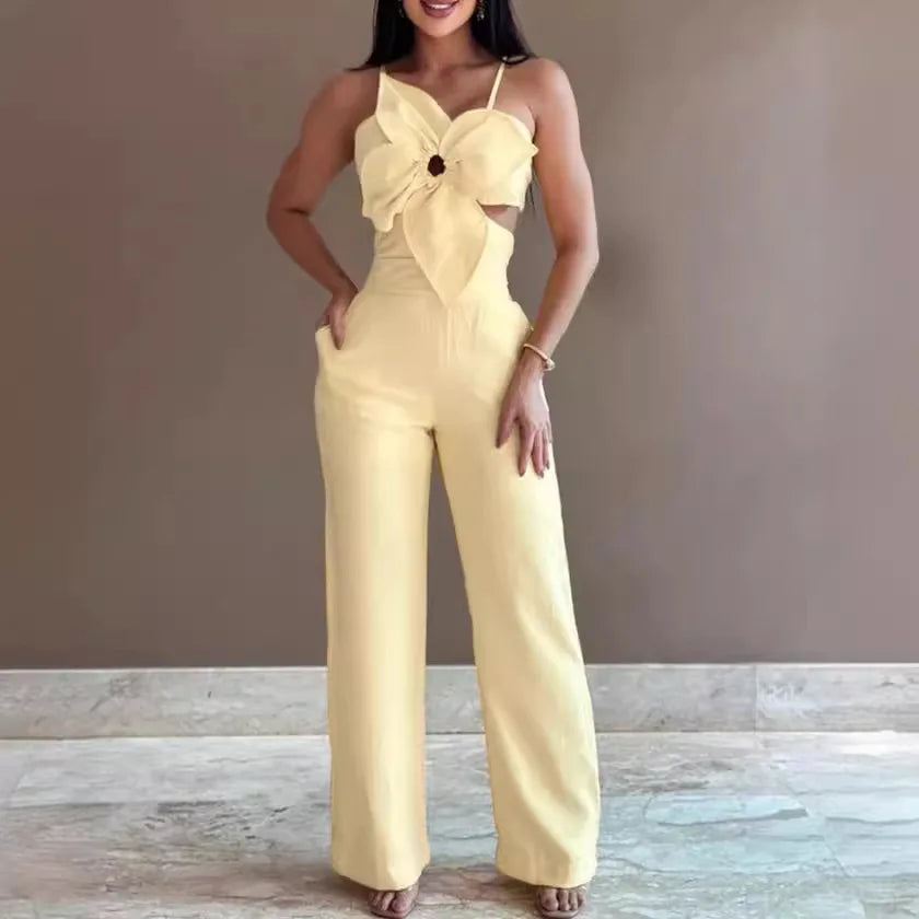 Women Spring Summer Onepiece Trousers Jumpsuits Solid Color Sleeveless Hollow Out Wide Leg Pants Casual Fashion Regular Backless