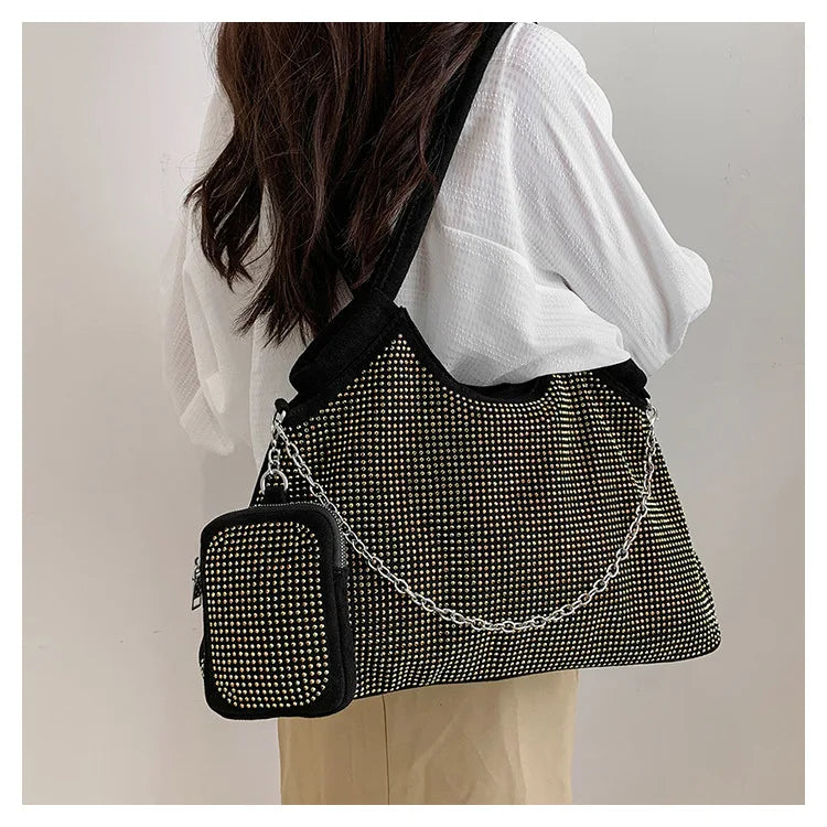 2023 New Shiny Rhinestone Women's Handbag Large Shopping Bag Fashion Dinner Bag Underarm Shoulder Bag Women's Party Commuter Bag