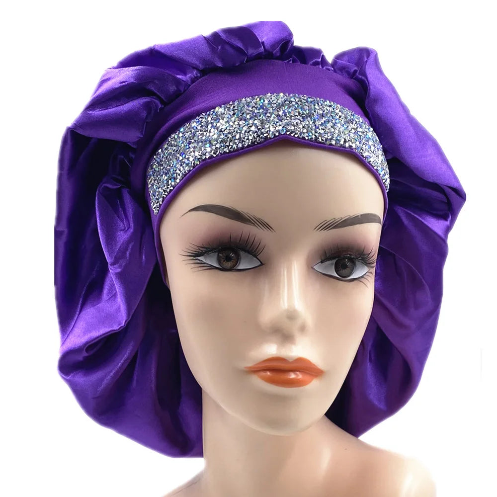 Glitter Rhinestone Wide Band Turban Women Hair Cover Satin Night Sleep Cap Bonnet Head Scarf Headwrap African Hat