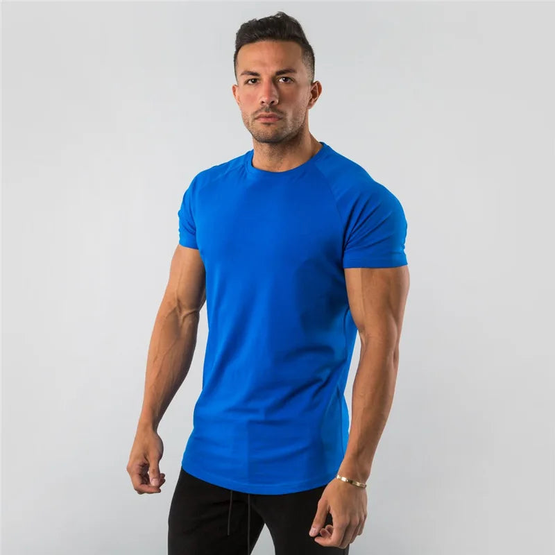 Cotton Plain Tops Tees Fitness Mens T Shirt Short Sleeve Muscle Joggers Bodybuilding Tshirt Male Gym Clothes Slim Fit Shirt