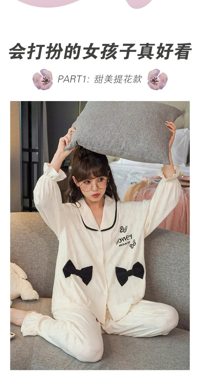 Women's Sweet Ruffle Pajamas Set Long Sleeve Top And Long Pants Sleepwear 2 Piece Set For Women Korean Casual Home Loose Pajamas