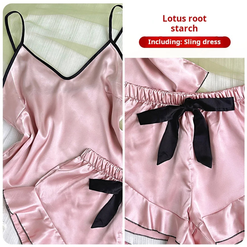 Women's Smooth Satin Pajamas V-Neck T-Shirt Ruffled Edges And Bow Shorts Simple And Breathable Pajama Set Sling Home Clothing