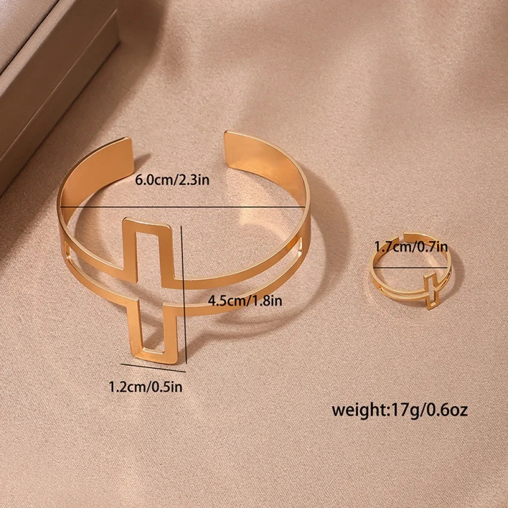 2-Piece Set Of Fashionable And Simple Geometric Open Square Jewelry Hollow Ring Bracelet Set Mother'S Day Gift Jewelry Set