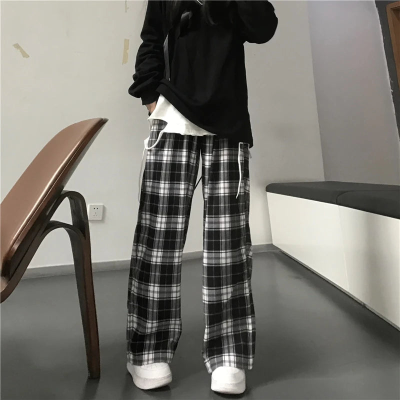 Oversize Women Sweatpants Fashion Black Plaid Casual Pants Baggy Elastic Waist Pockets Student Unisex Hip Hop Loose Trousers