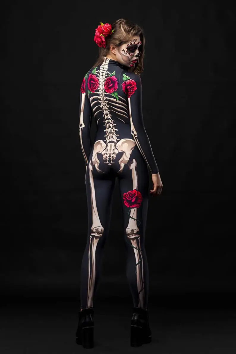 European and American Halloween women's personalized cosplay parent-child outfit rose skeleton printed jumpsuit