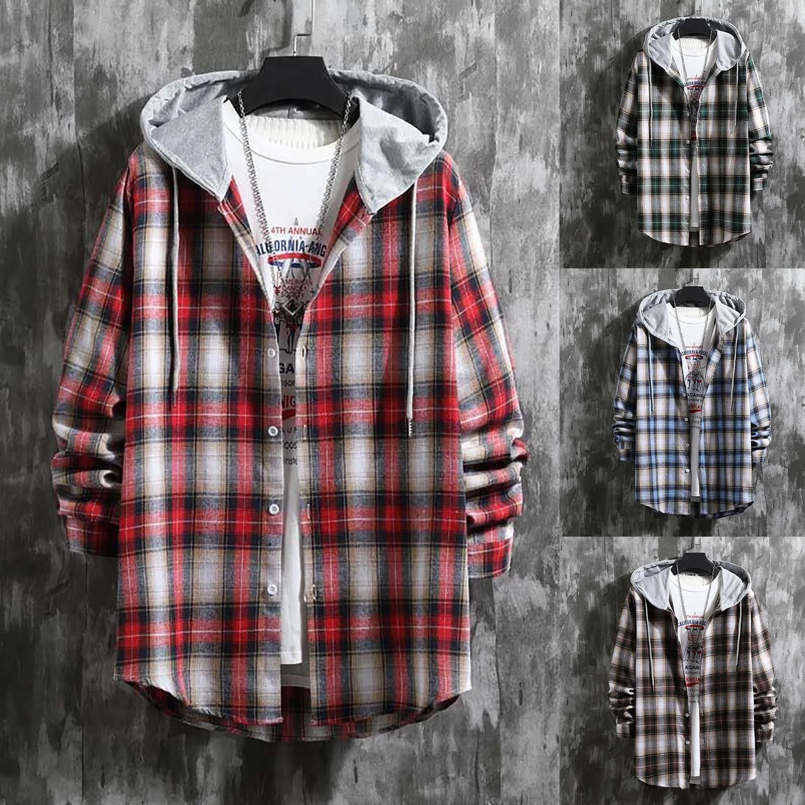 Men S Spring And Autumn Hooded Sweater Coat Fashion Casual Check Pocket Button Long Sleeve Shirt Plus Size Male Shirts