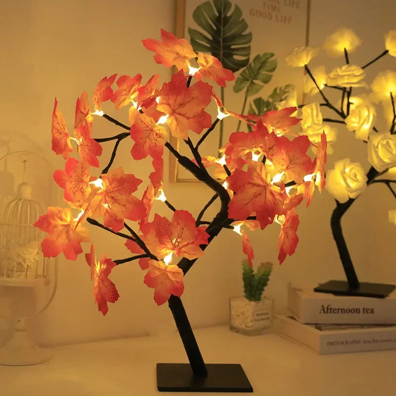 24 LED Fairy Flower Tree Table Lamps Maple Leaf Lamp Rose Night Light USB Operated Gifts for Wedding Party Hallowmas Decoration