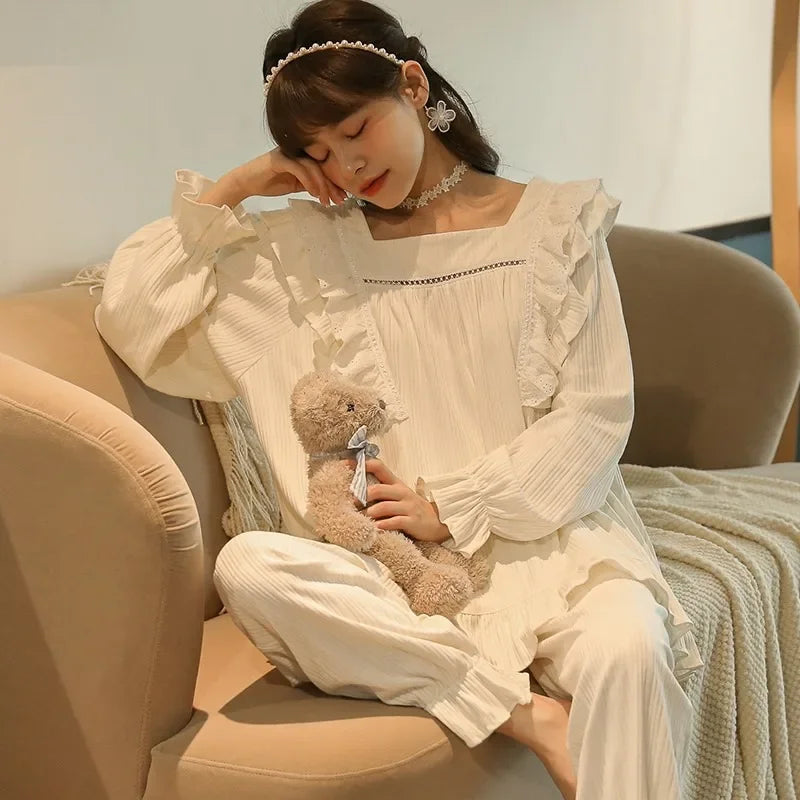 Women's Sweet Ruffle Pajamas Set Long Sleeve Top And Long Pants Sleepwear 2 Piece Set For Women Korean Casual Home Loose Pajamas