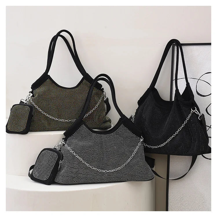 2023 New Shiny Rhinestone Women's Handbag Large Shopping Bag Fashion Dinner Bag Underarm Shoulder Bag Women's Party Commuter Bag