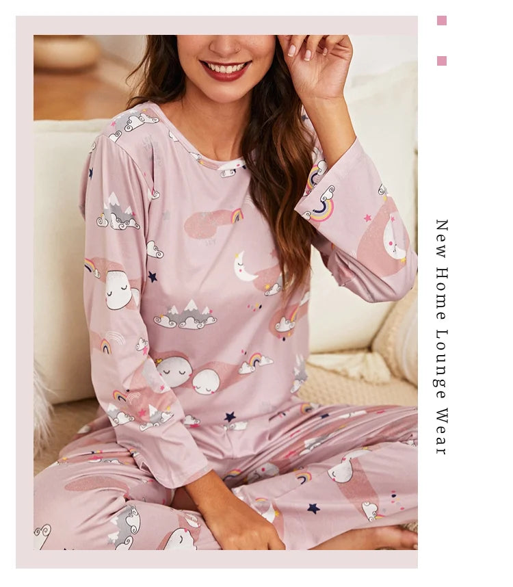 Autumn women's printed pure cotton sleepwear set with round neck long sleeved pants casual  comfortable two piece home suit set