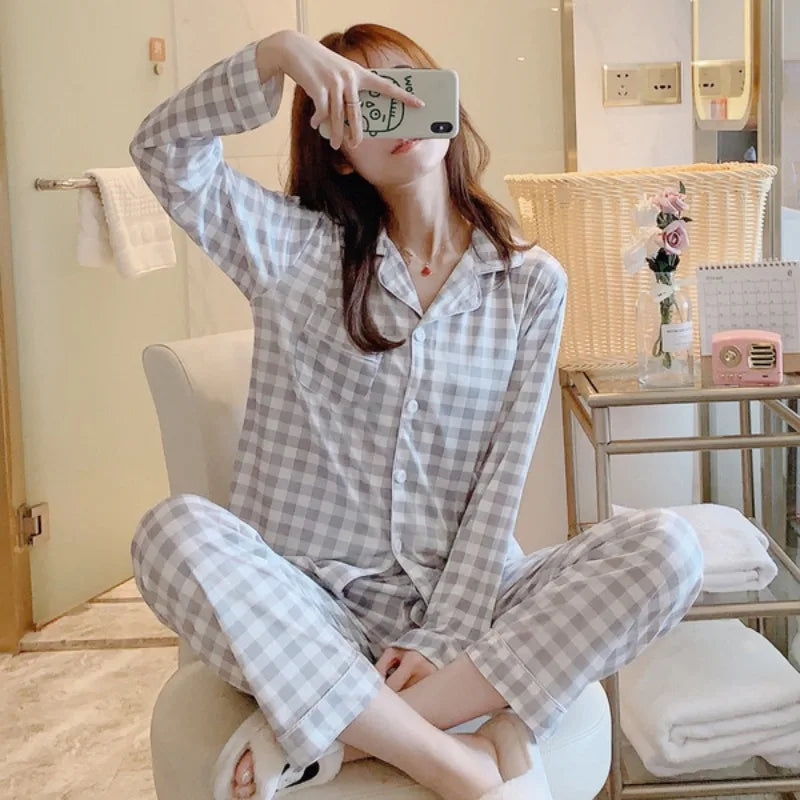 women's pajamas set cardigan printed long-sleeved trousers homewear two-piece blue strawberry pattern college students sleepwear