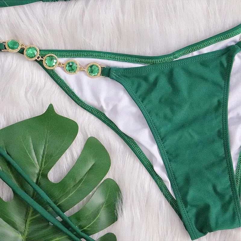 With Hairband Halter Jewelled Diamond Bikini Women Swimsuit Female Swimwear Three Pieces Bikini Set Brazilian Bathing Suit Swim