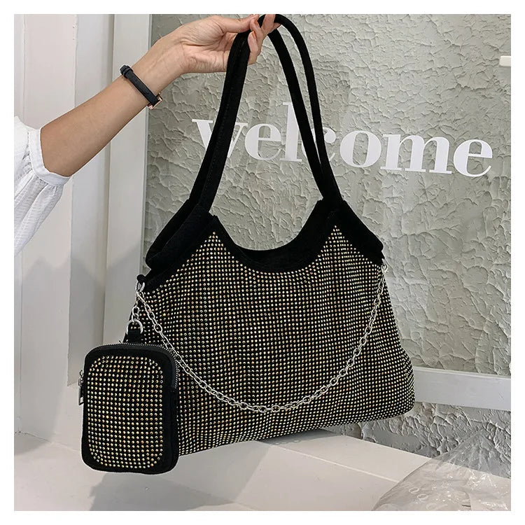 2023 New Shiny Rhinestone Women's Handbag Large Shopping Bag Fashion Dinner Bag Underarm Shoulder Bag Women's Party Commuter Bag