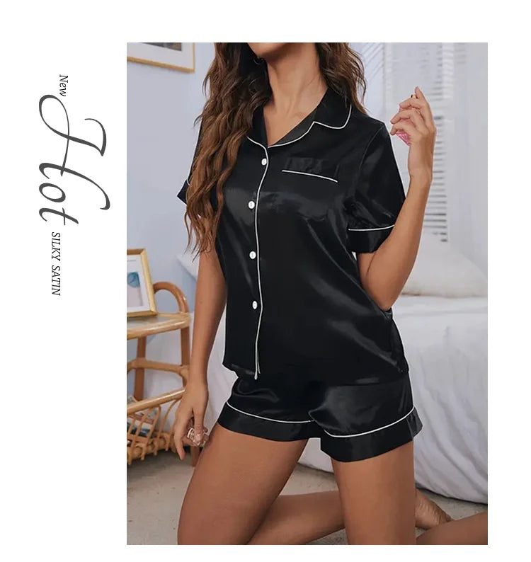 Women Silk Satin Pajamas Set Two-piece Pj Sets Sleepwear Loungewear Button-Down Pajama Women 2 Piece Pijama Homewear Shorts Set