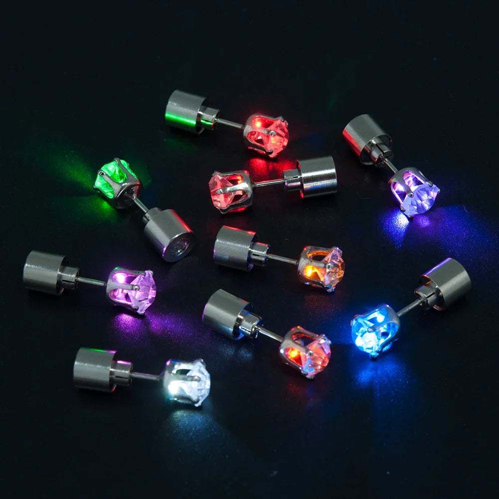 2PCS Colorful LED Luminous Studs Square Zircon Earrings Men Women Bar Rave Wedding Party Ear Stud Jewelry Glowing Earring