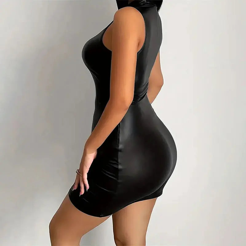 Women Summer Sexy Party Strapless Bodycon Pu Leather Slim Package Hip Black Club Party Mini Short Dress Sundress Female Clothing