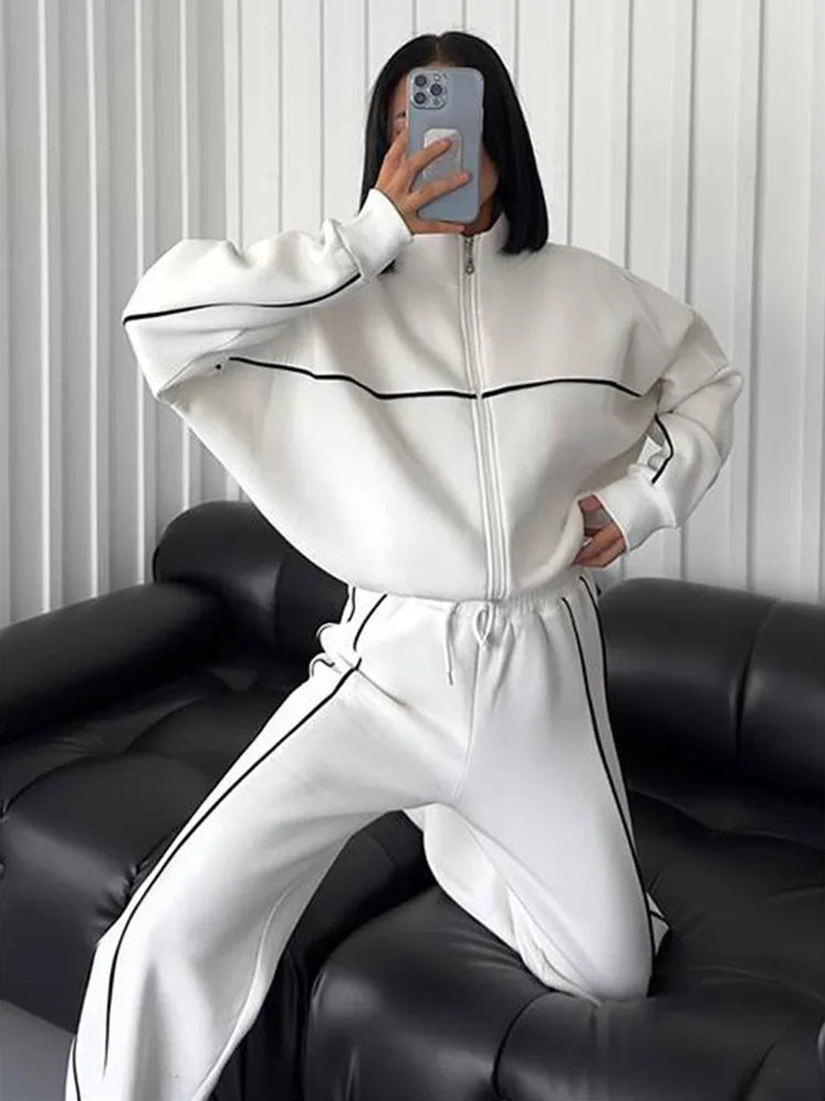 Casual Sports Suits Long Sleeved Half High Collar Cardigan Sweater Lace up Striped Pants Women Clothing Two Piece Set Tracksuit