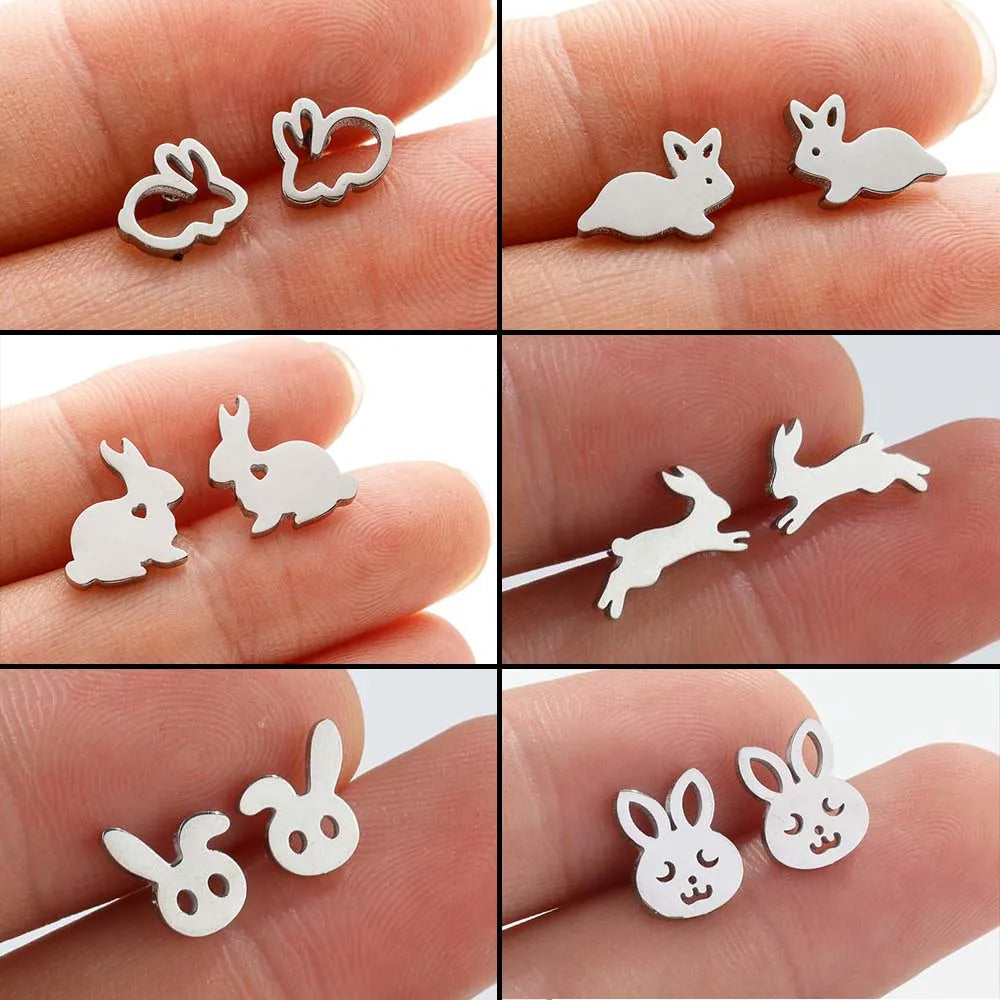 Hollow Stainless Steel Cute Rabbit Bunny Earring For Girl Ear Stud Fashion Jewelry Cute Animal Party Anniversary Stud Earrings