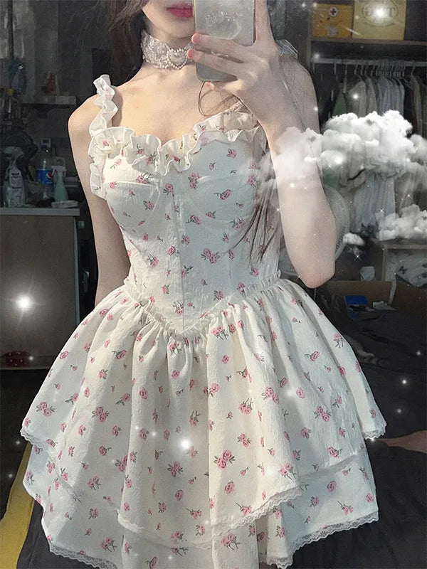 White floral camisole dress for summer spicy girl sexy pure and lustful with a slim waist and fluffy skirt sweet and spicy RZV5