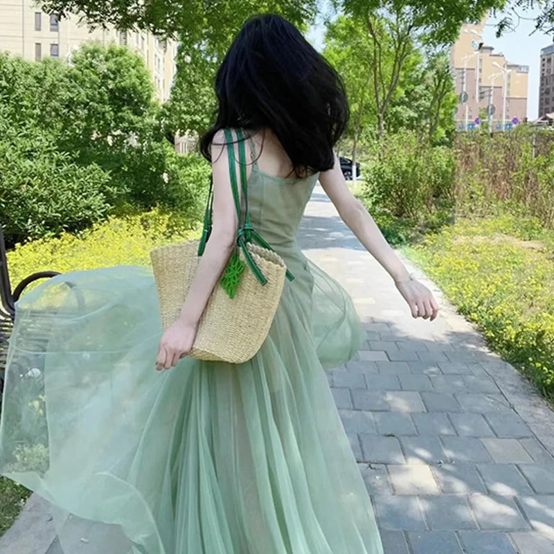 Women Mesh Spaghrtti Strap A-line Holiday Seaside Summer Princess Long Dress