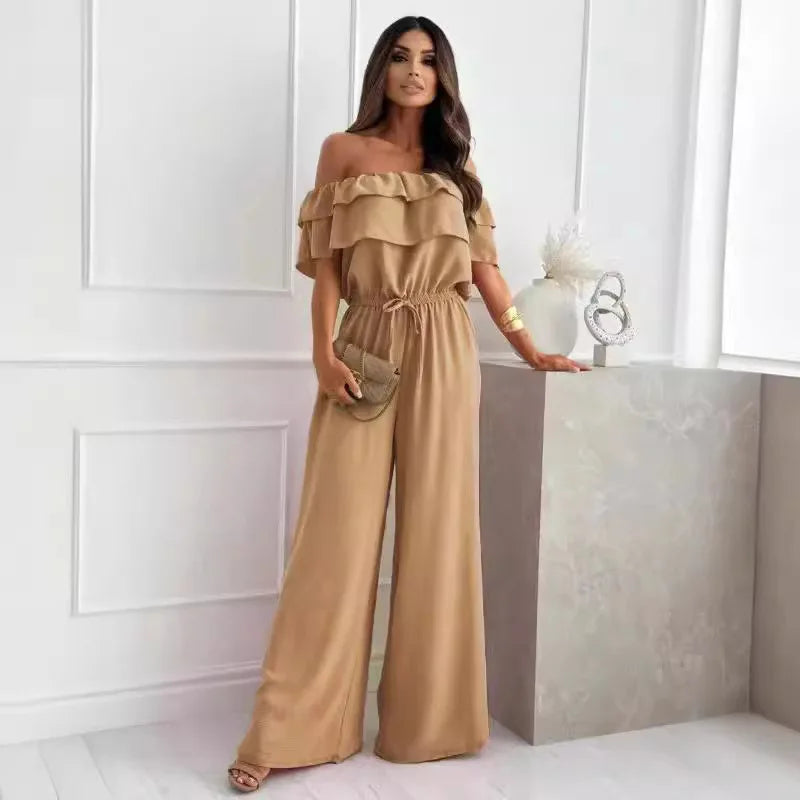 New Fashion Women's S-2XL Size Solid Color Jumpsuit Ladies Casual Off-the-Neck Short Sleeve Waist-Controlled Jumpsuit Rompers