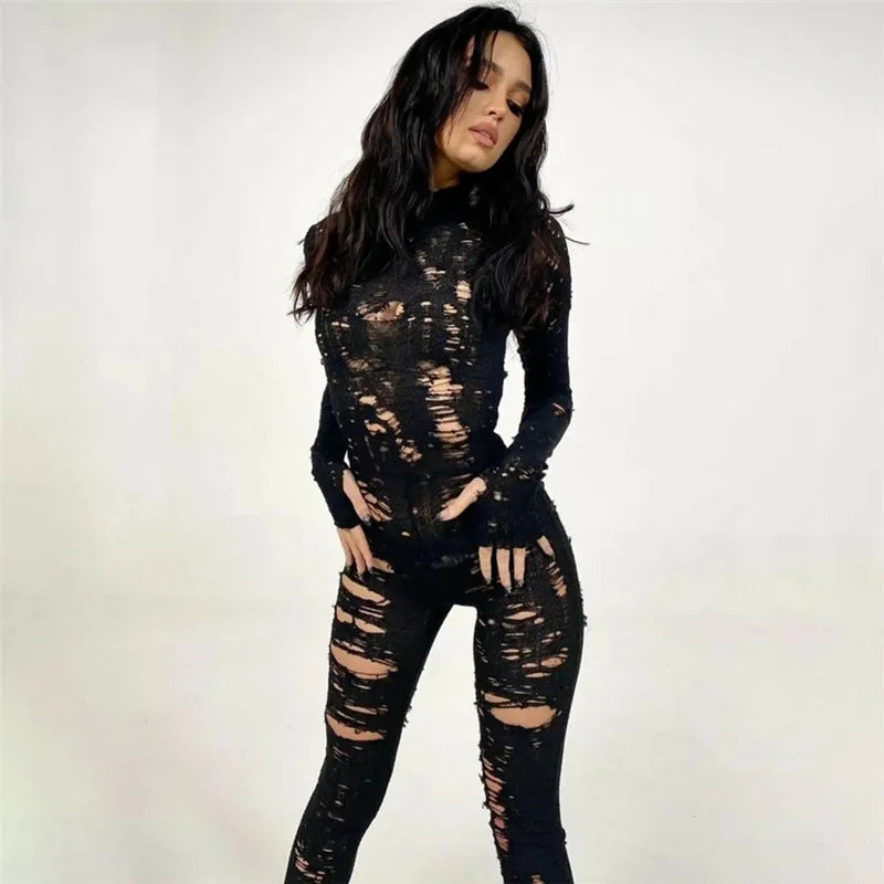 DSMTRC Women Knit Hipster Long Sleeve Fitness Thin Zip Skinny Hole Overalls Sexy Solid Midnight Workout Clubwear Hollow Jumpsuit