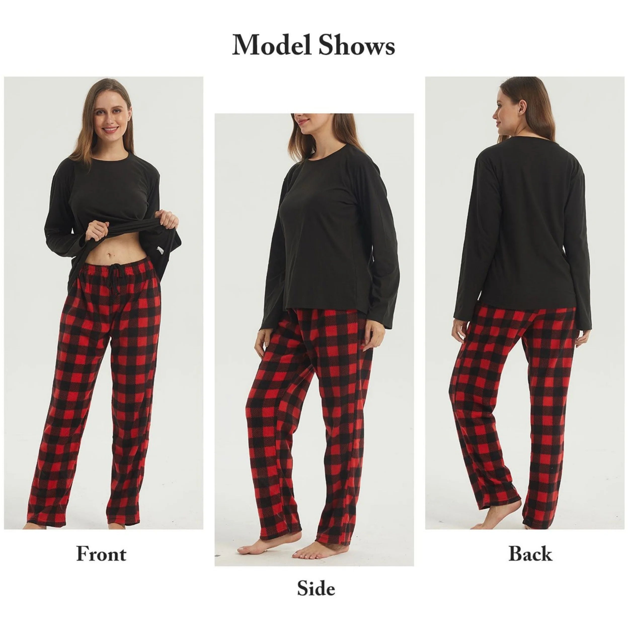 Buffalo Plaid Pajama Set for Women Long Sleeve Soft Warm Fleece Shirt and Pants Sleepwear Set