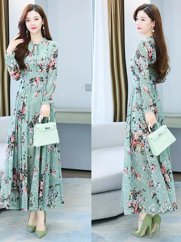 Spicy Mom Dress Chiffon Moms Korean Edition New Autumn and Winter Fragmented Flower Long Style New Long sleeved Medium Long UAFP