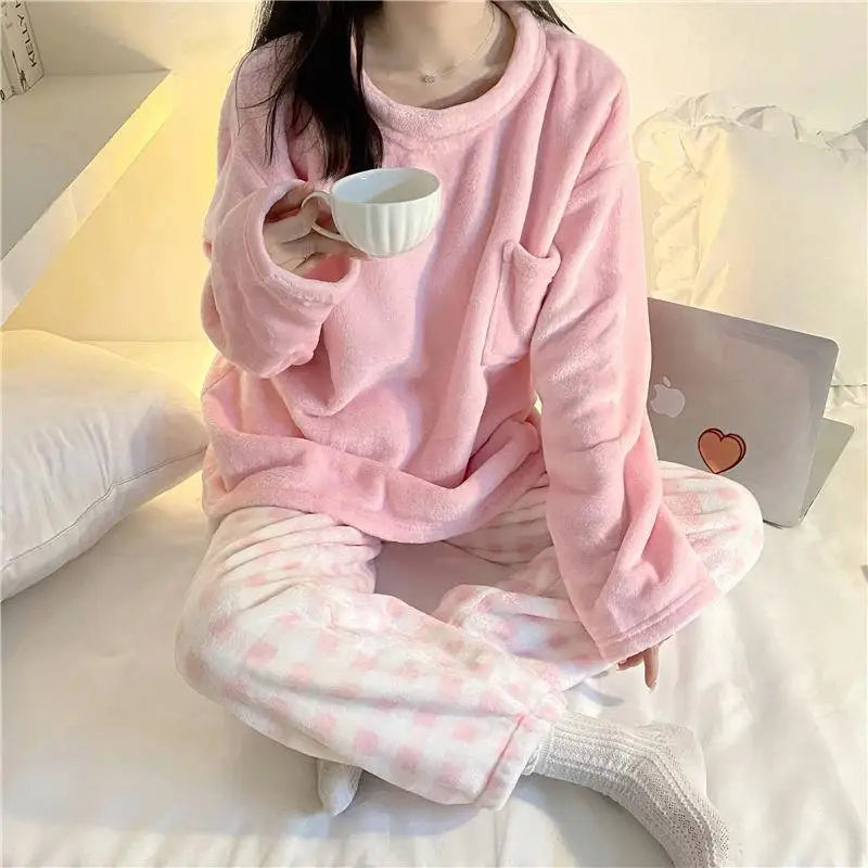 Fleece Thick Warm Women's Pajamas Set Winter Sleepwear Casual Solid Top and Plaid Pants Soft Pijamas Set for Women Home Suit