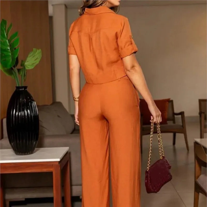 Women's Casual Solid Lapel Button Short Sleeve Top and High Waisted Wide Leg Pants Set, Office Outfits, Summer, New, 2 Pcs Set