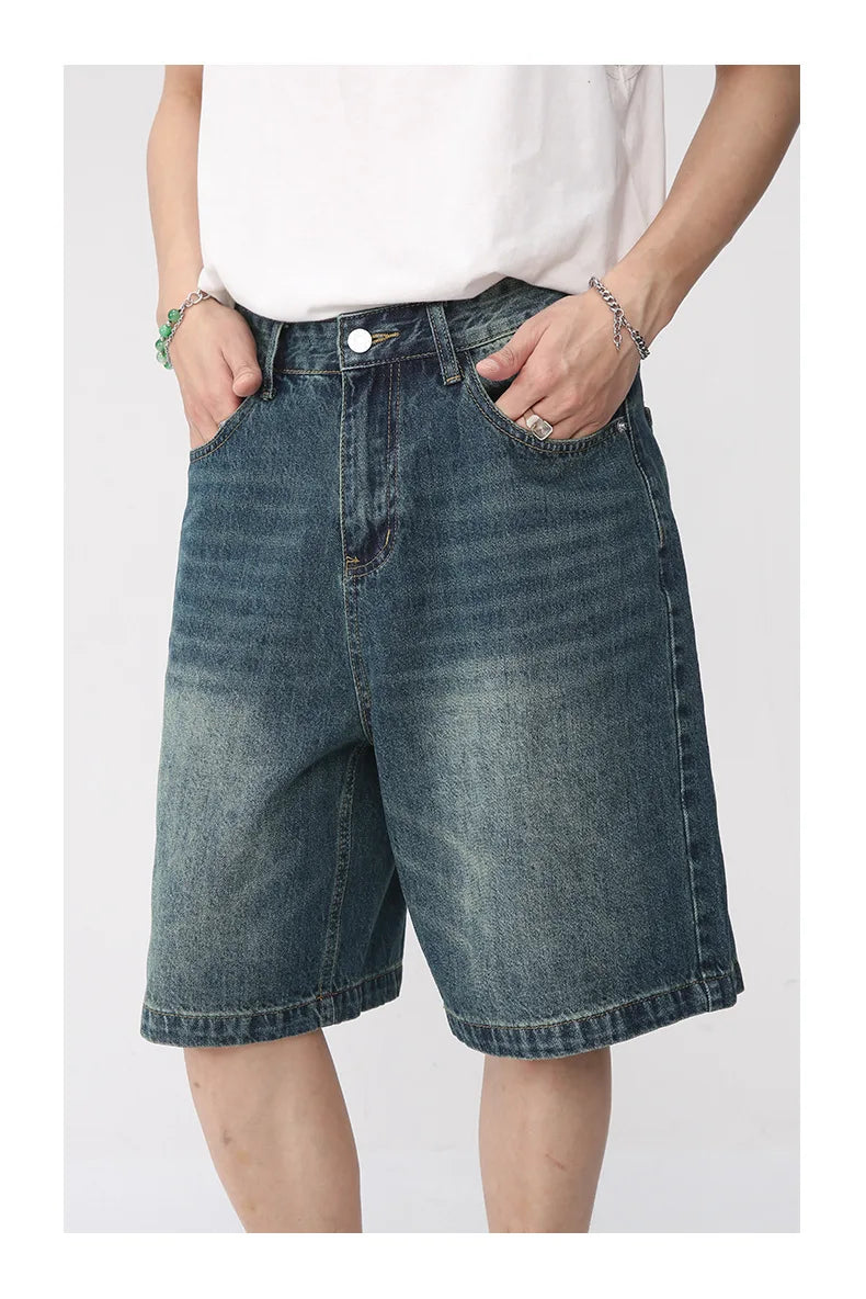 Men Summer Denim Shorts New Korean Loose Vintage Fashion Wash Casual Over Knee Capris Straight Leg Pants