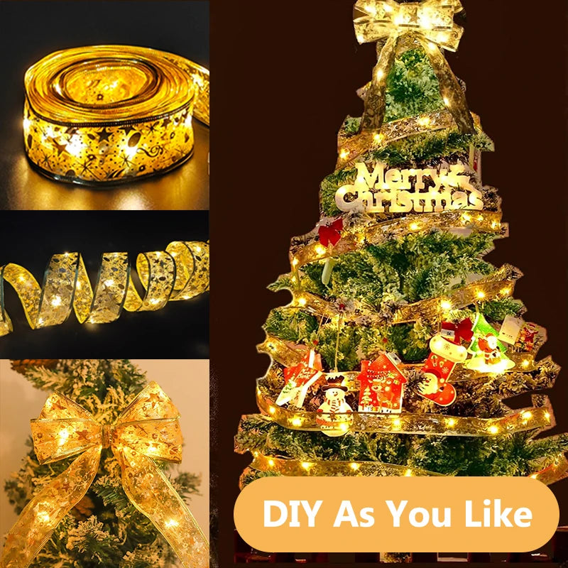 1-10M Christmas luminous lights decoration golden Christmas Ribbon Fairy String Lights for Home Party Christmas supplies decor