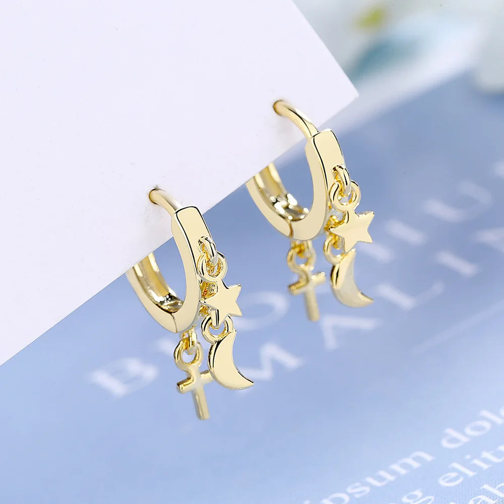 Fashion Small Simple Rhinestone Star Ear Buckle Hoop Earrings For Women Punk Cross Moon Sun Earrings Party Jewelry Wholesale