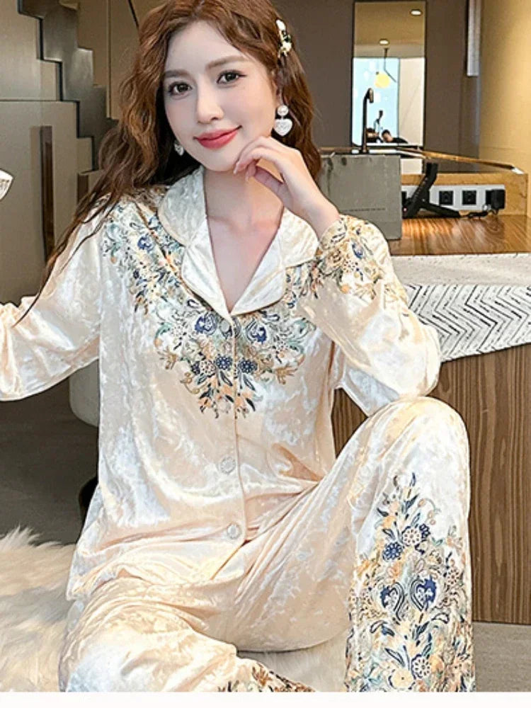 2024 Spring Autumn New Pajamas Women's Korean-Style Lapel Golden Velvet Top With Pants For Outer Wear Home Clothes