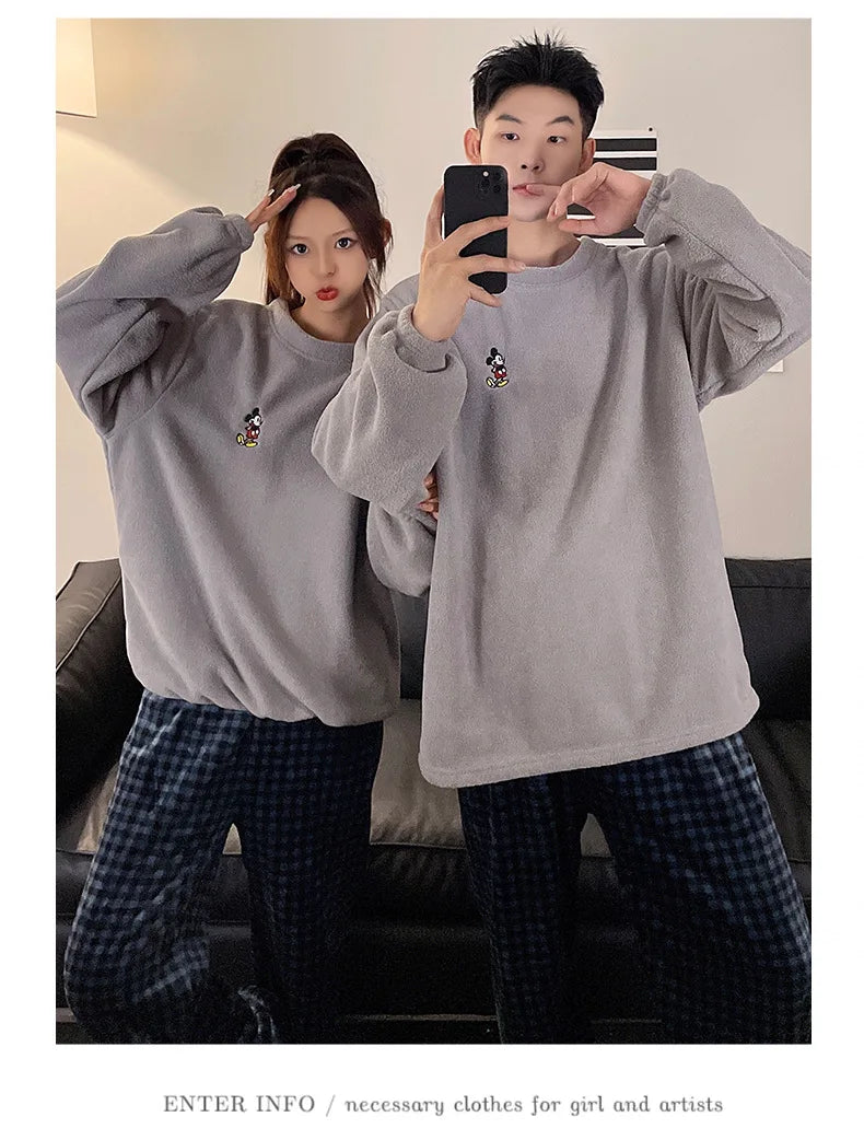 Cartoon Disney couple pajamas winter fleece thickened coral fleece casual two-piece set Hello Kitty loungewear women's pajamas