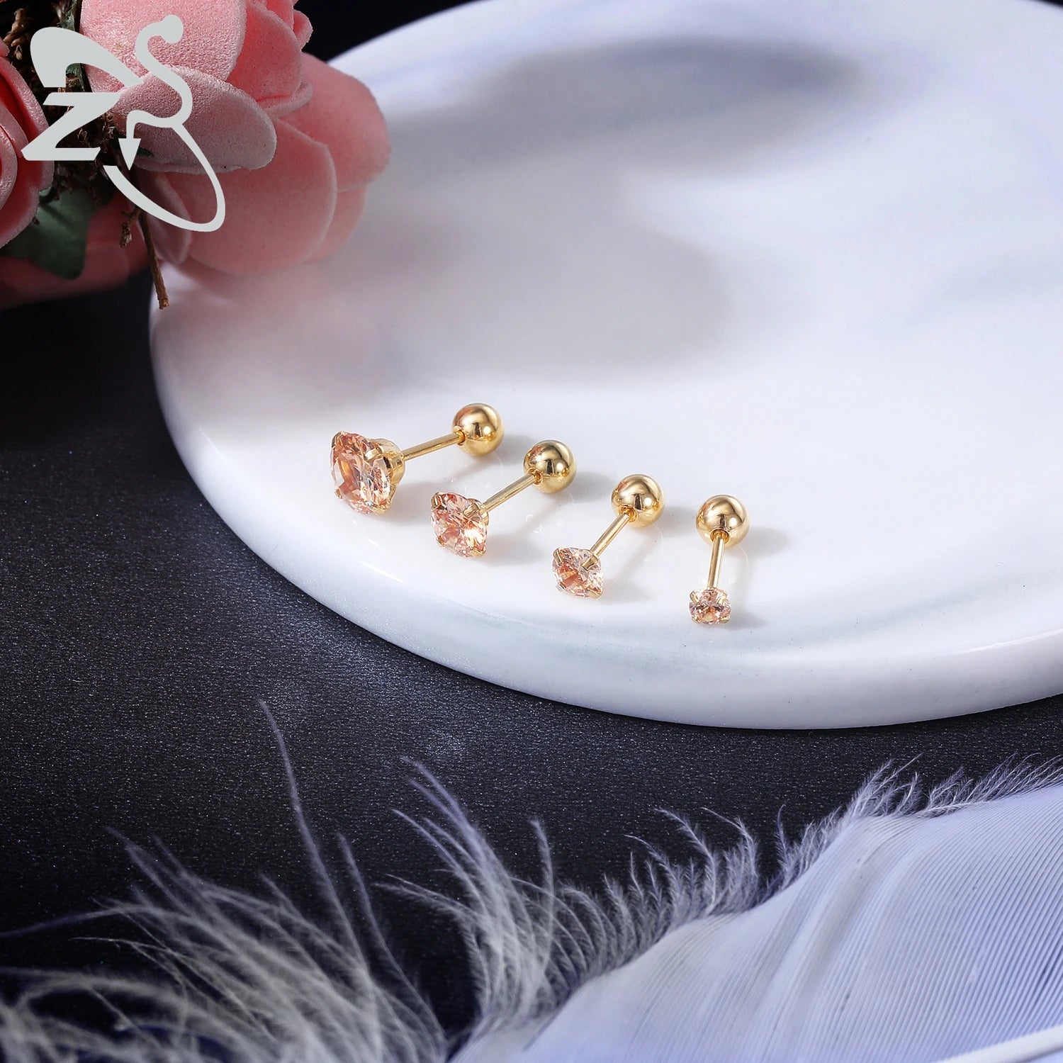 ZS 1 Pair 20G Surgical Steel Stud Earring for Women Crystal Black Rose Gold Plated Earrings Ear Helix Conch Piercing 3/4/5/6mm