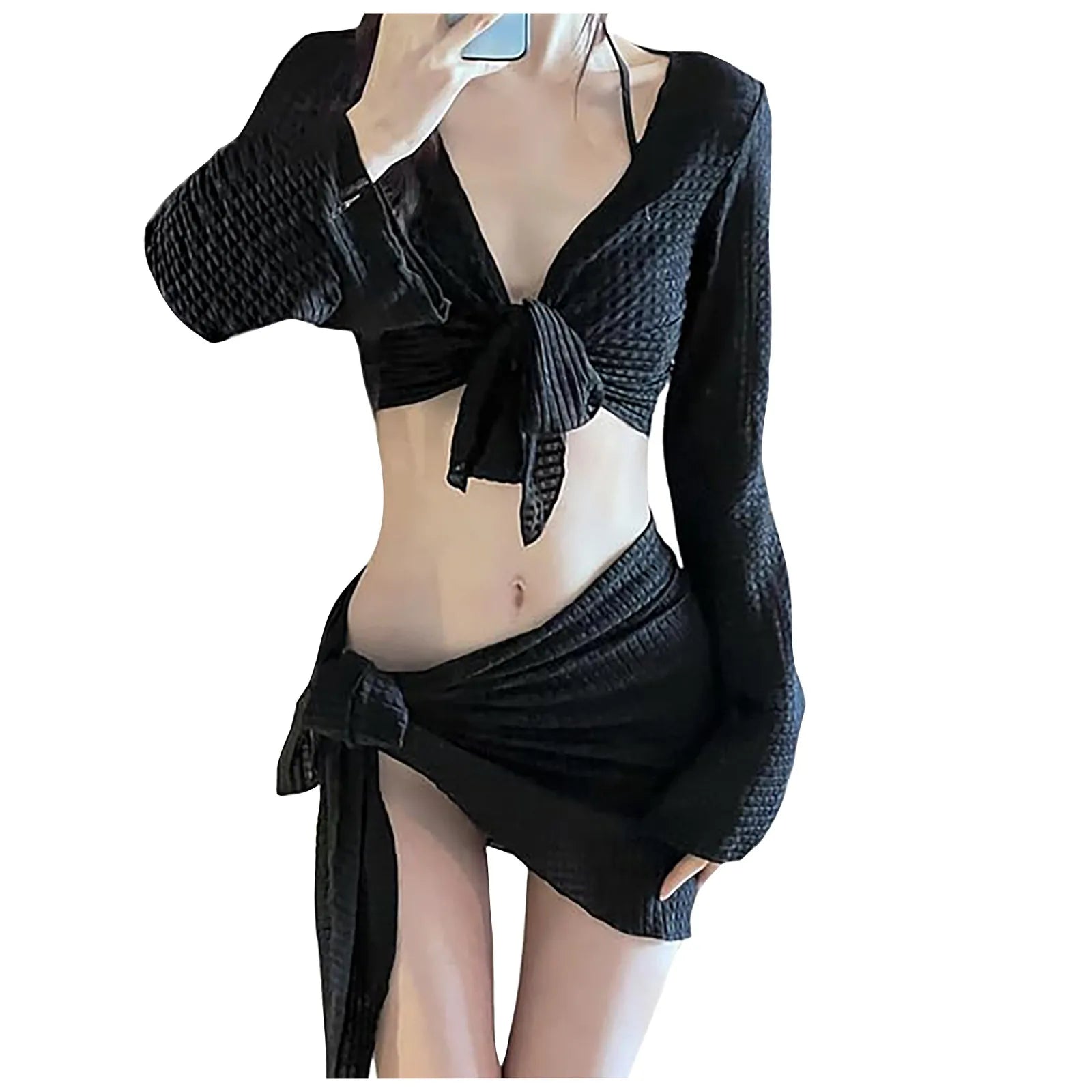 Women's Knitted Bikini Sets Solid Swimsuit Long Sleeve Bikini Tops Beach Cover Up Skirts Wrap Skirt Sarong Crochet Bathing Suit