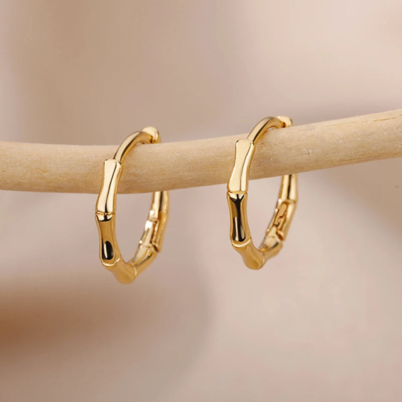 Bamboo Joint Hoop Earrings For Women Gold Color Stainless Steel Round Earring Female Fashion Ear Jewelry Brincos Birthday Gift