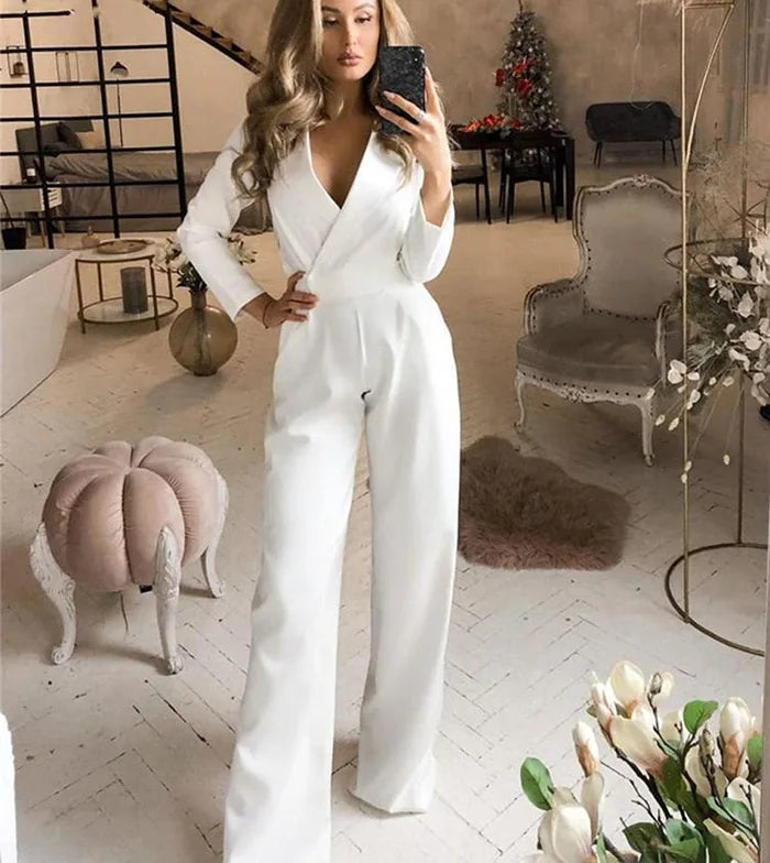 Spring Summer New Solid Color Suit Collar Women's Jumpsuit Fashion Pocket Slim Elegant Female Office Jumpsuit