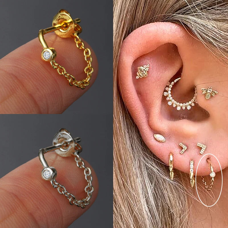 Ear Lobe Helix Hoop Chain Piercing Earrings Zircon Gold Color Tragus Rook Ear Cartilage Accessories Women Jewelry Gift Wholesale