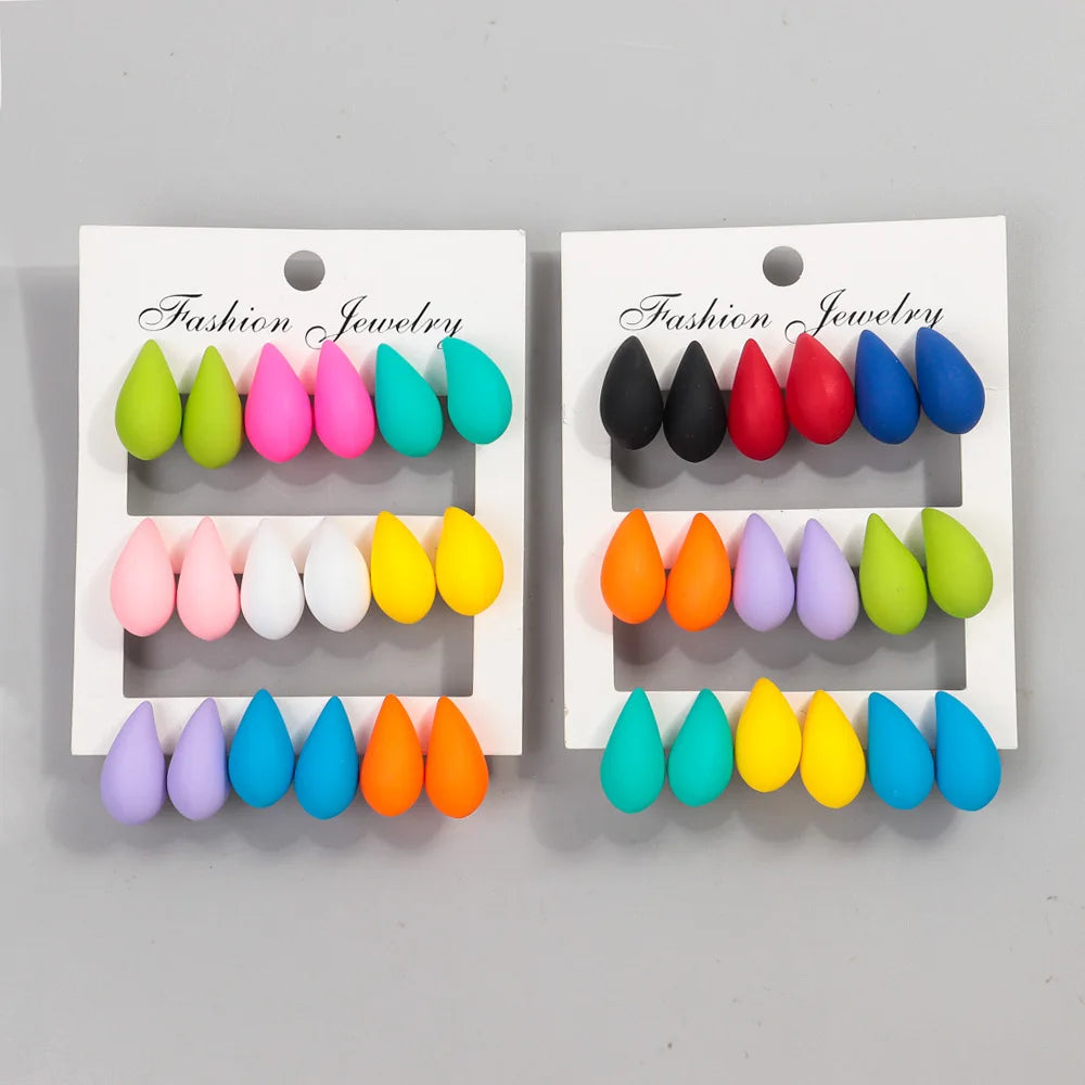 New 9Pair/Set Acrylic Small Chunky Waterdrop Earrings Dupes for Women Matte Colorful Dome Tear Drop Earring Hoops Trendy Jewelry