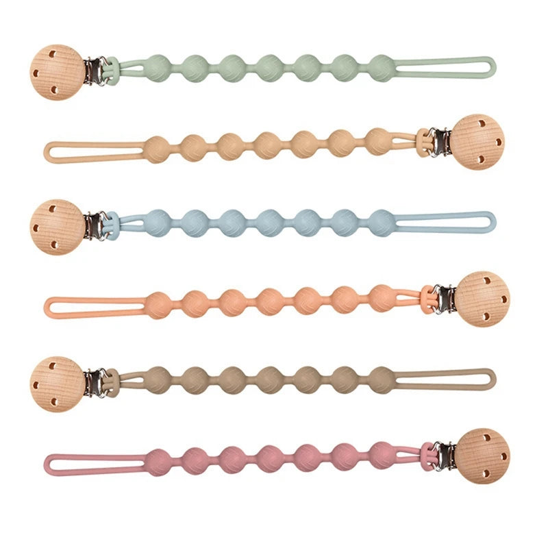 Beech Wood Chew Bead Pacifier Clips Dummy Chain Holder Newborn Soother Chains Nipple Holder For Babies Teething Toy Baby Chew