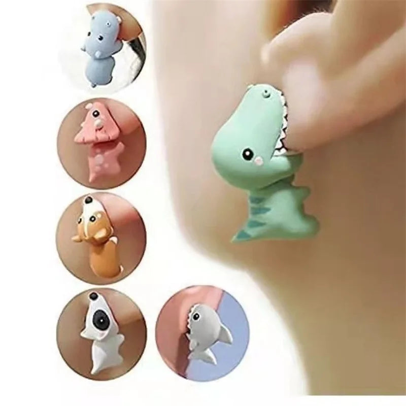 Cartoon Animal Biting Stud Earrings Women Cute Shark Dinosaur Open Mouse Resin Piercing Earring Ear Studs Girls Funny Jewerly