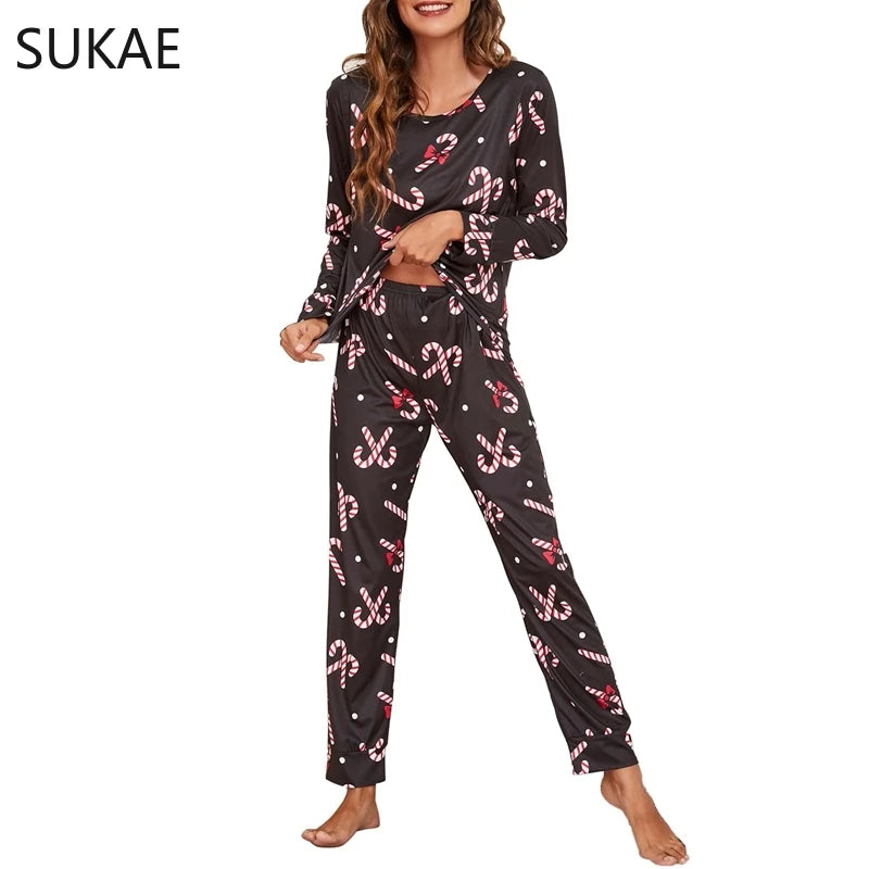 SUKAE Christmas HOT Printing Black Long Sleeves Full Pants Pijama Spring Milk Silk Sleepwear Loungewear Autumn Women Pajama Set