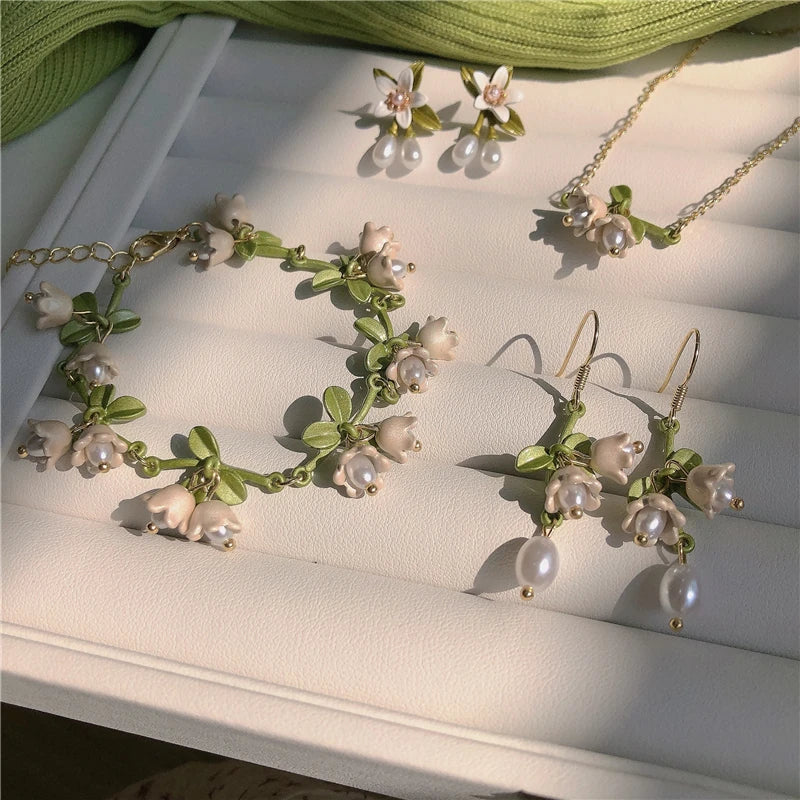 4PCS/Set Romantic White Flower Pearl Jewelry Set Lily of The Valley Vintage Earrings Necklace Bracelet for Women Gift Bijoux