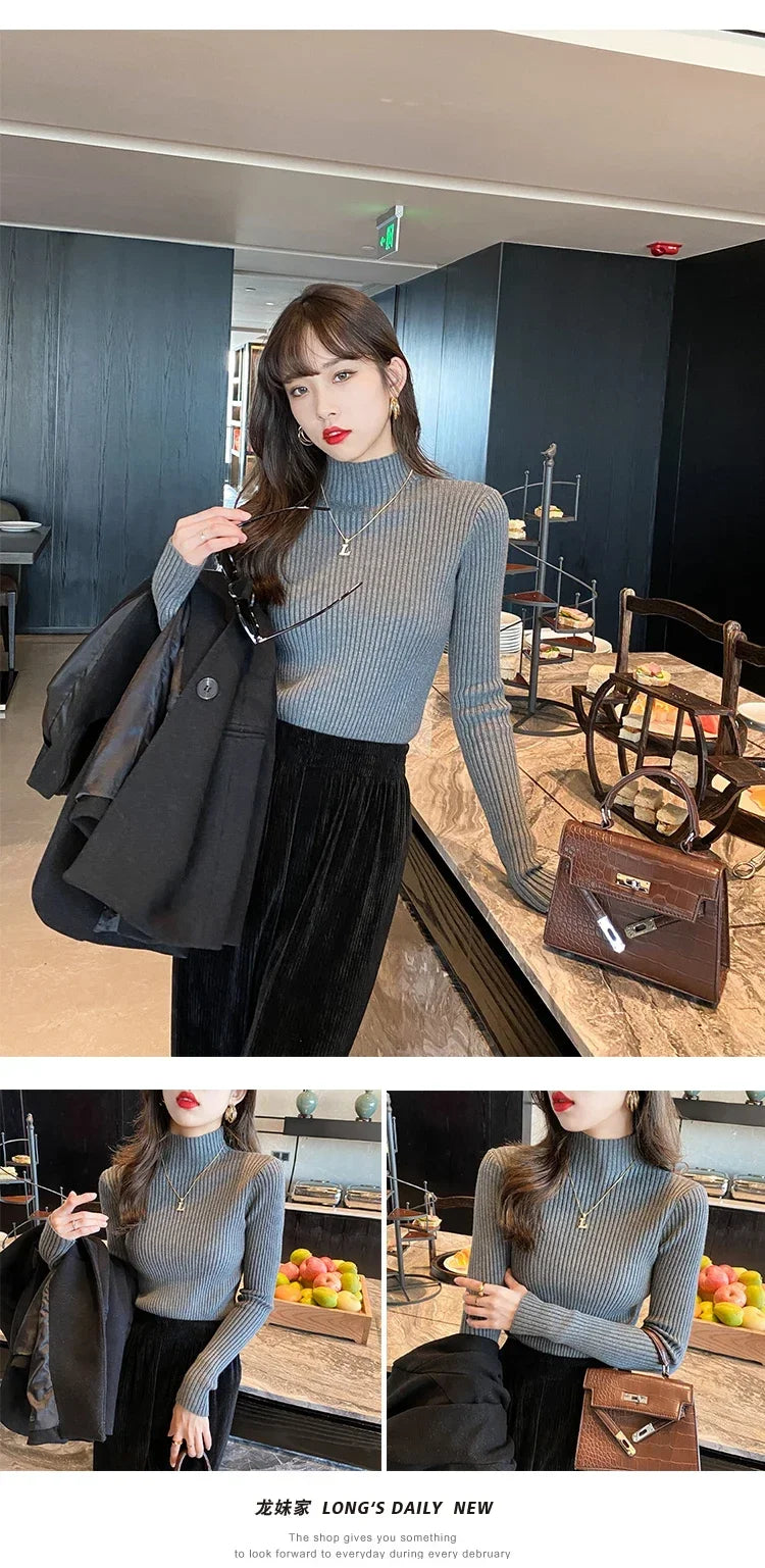 Autumn Winter Women Clasi Striped Solid Slim Y2k Turtleneck Sweater Pull Fashion Knitwears Pullovers Clothing Jumper Blouse