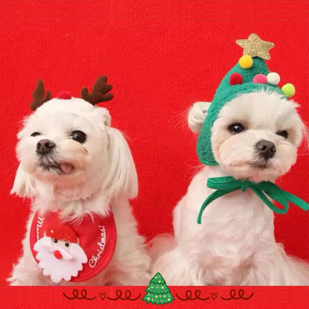 Christmas Puppy Dog Cat Costume Xmas Cat Santa Elk Hat with Bandana Bib Scarf Set Cat Accessories Pet Holiday Dress Up Supplies